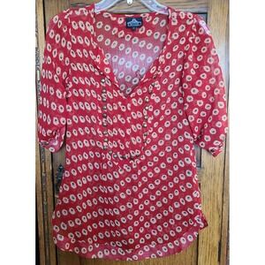 Angie Red Floral Studded V-Neck Blouse Sheer Boho Top Small